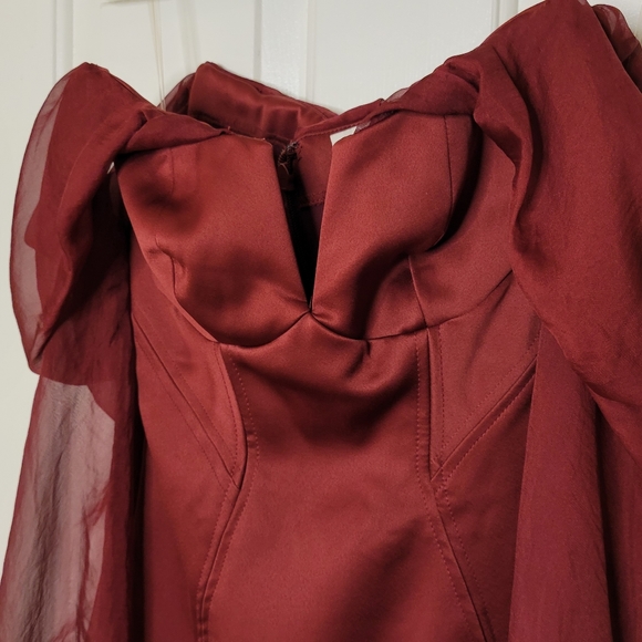 House of CB Olivia Wine Satin Off Shoulder Dress - Picture 9 of 11